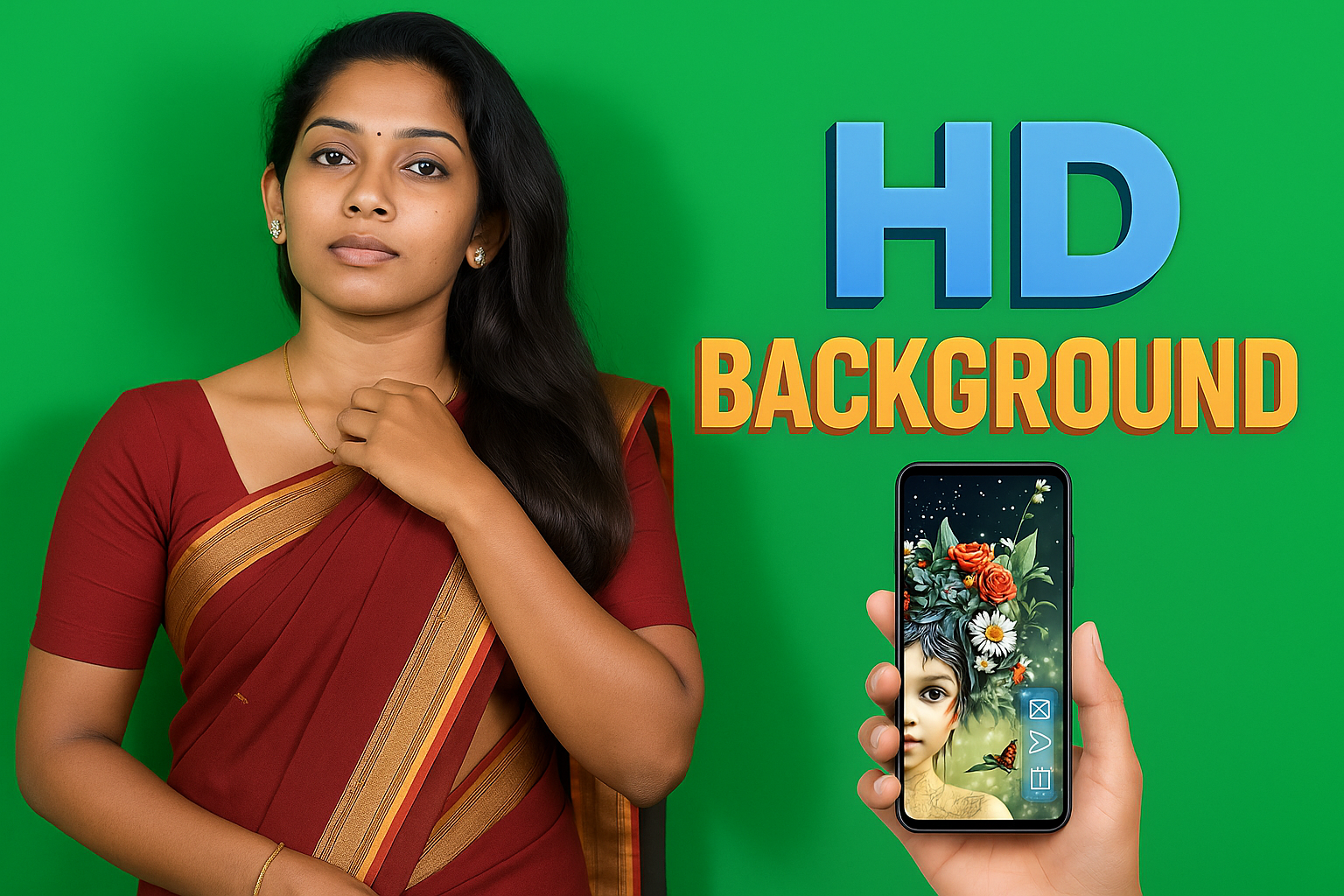 Indian woman in a maroon saree holding a smartphone displaying a floral digital artwork, with bold 3D HD BACKGROUND text on a green backdrop.