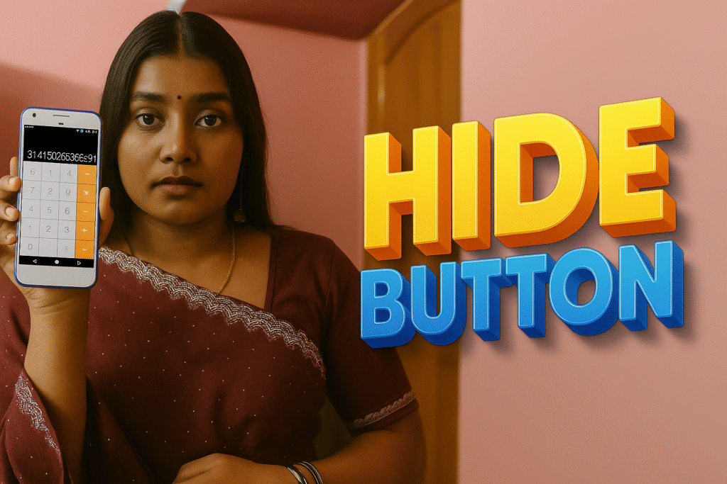 South Asian woman holding a smartphone showing a calculator vault app screen with bold 3D text “HIDE BUTTON” for Calculator Photo Vault article