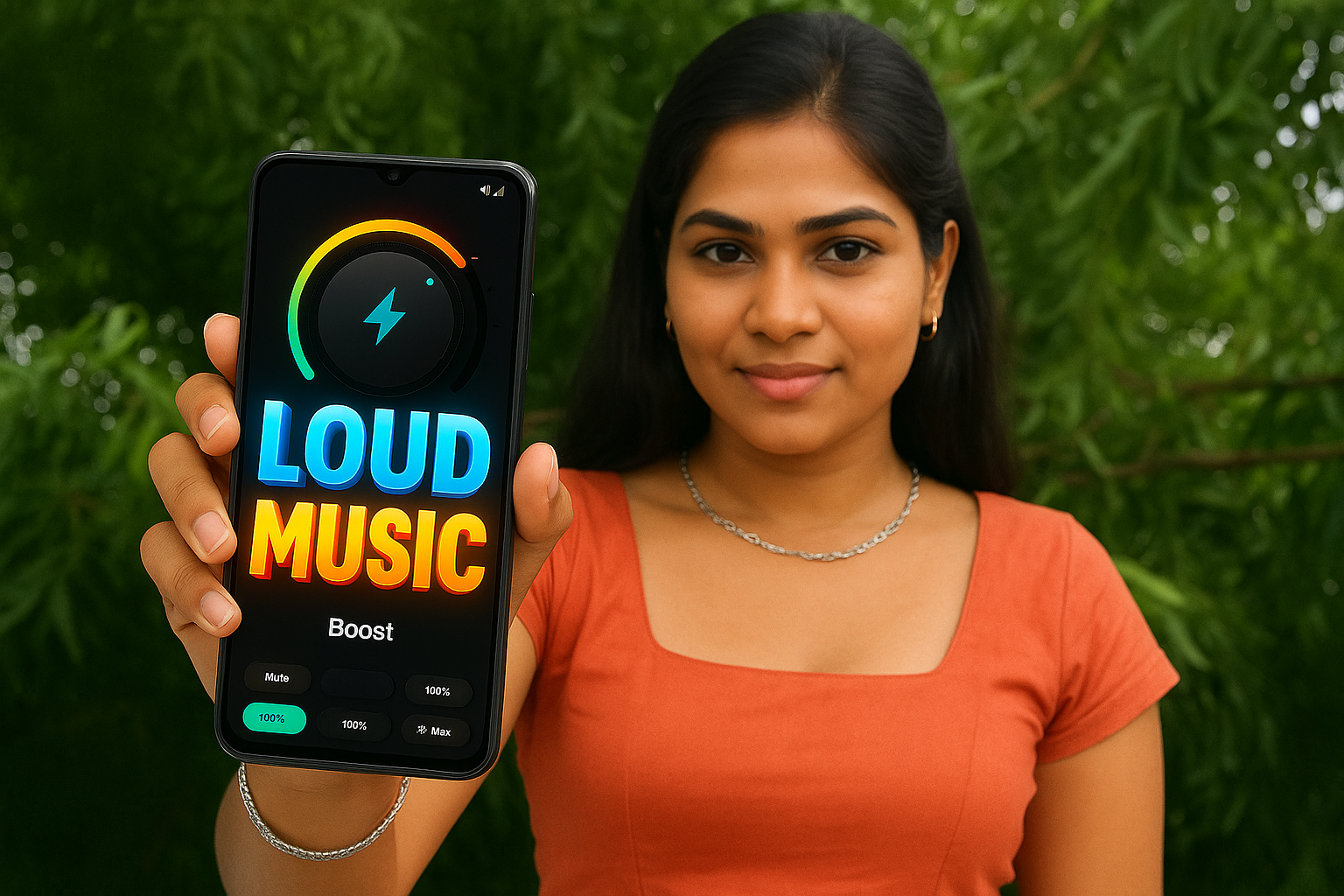 Young Indian woman holding a mobile phone showing LOUD MUSIC volume booster screen outdoors