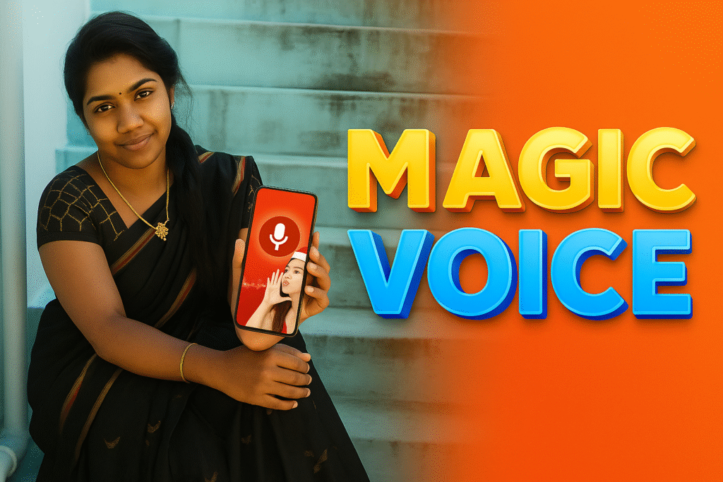 South Asian woman holding smartphone showing AI voice lock screen interface with bold 3D MAGIC VOICE text, 1200×628 featured image