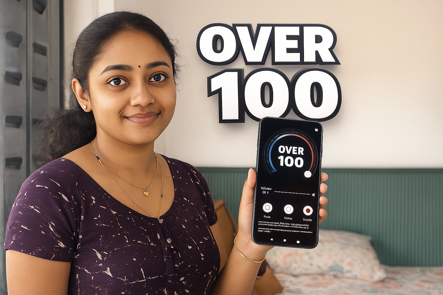 Young Indian woman holding a smartphone showing a volume booster app with bold “OVER 100” text in the background.