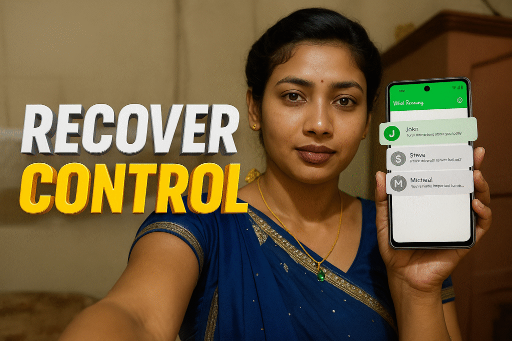 Indian woman holding a phone showing deleted message recovery app with bold 3D RECOVER CONTROL text, 1200×628 featured image