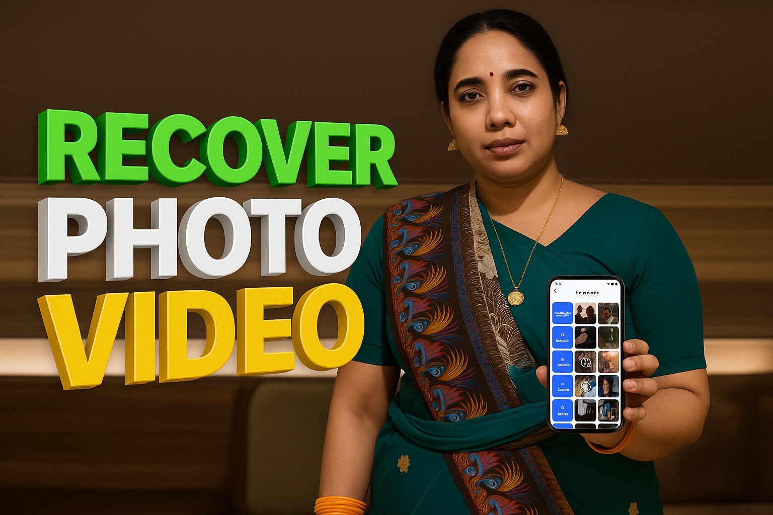 A South Asian woman wearing a teal saree with a colorful border holds a smartphone displaying the “Recovery Photo Video” app screen. Next to her, large 3D text in green, white, and yellow reads “RECOVER PHOTO VIDEO” on a warm indoor background, representing photo and video recovery.