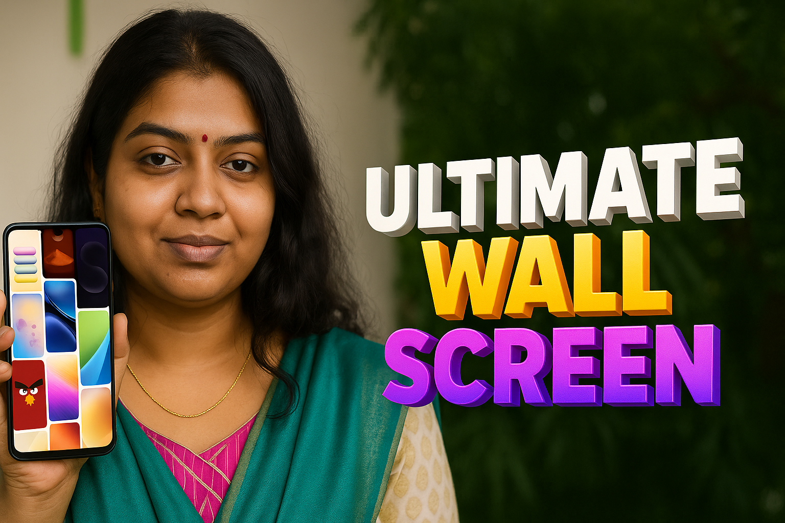 Young Indian woman in teal saree holding a phone showing colorful wallpapers with bold 3D text ‘ULTIMATE WALL SCREEN’.