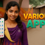 Young Indian woman holding a smartphone showing cloned apps, standing outdoors with a natural village background and the text “Various Apps”.