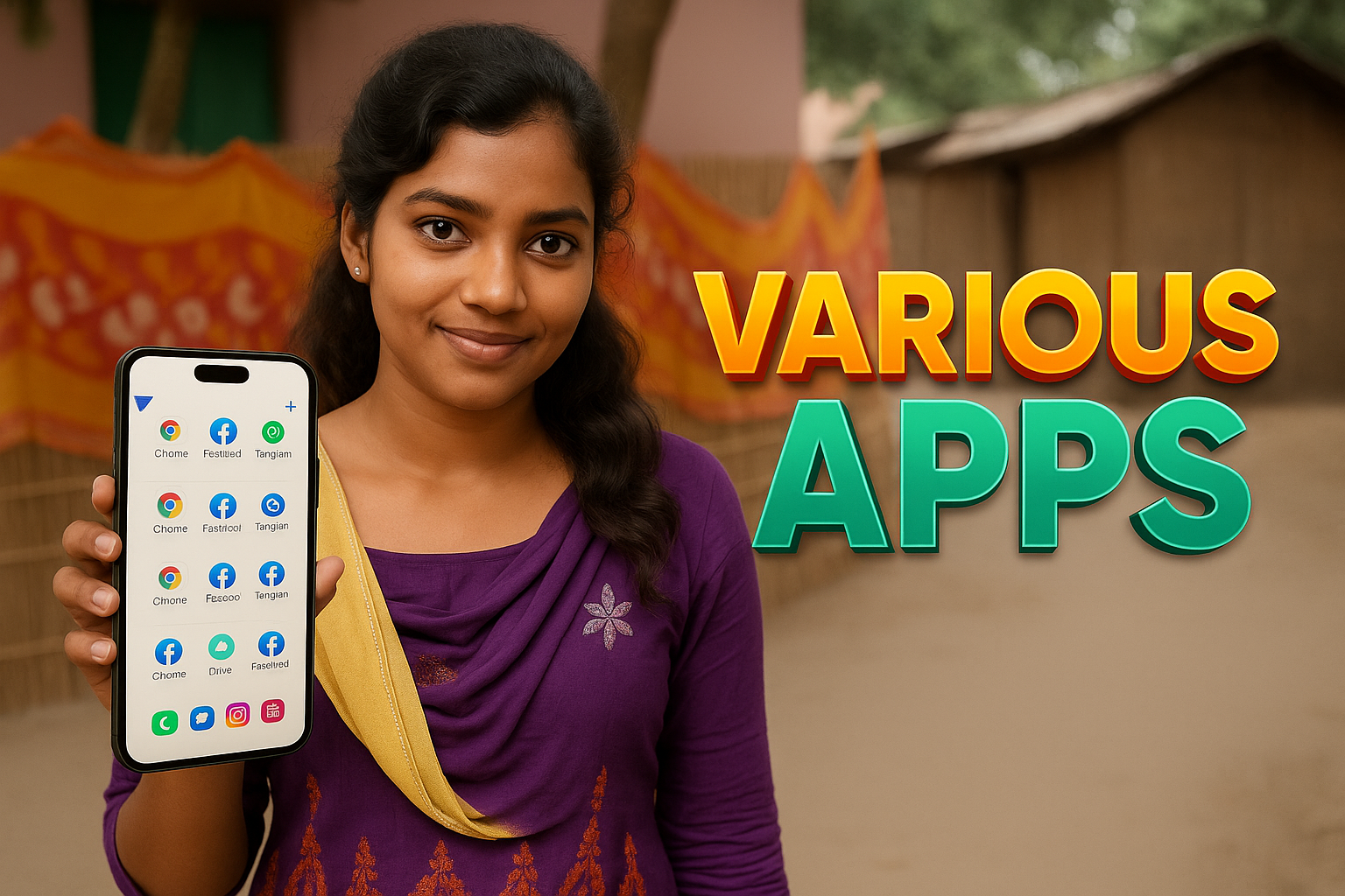 Young Indian woman holding a smartphone showing cloned apps, standing outdoors with a natural village background and the text “Various Apps”.