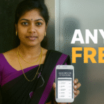 South Asian woman holding a smartphone showing international call records, with bold text “ANY FREE” on the right side.