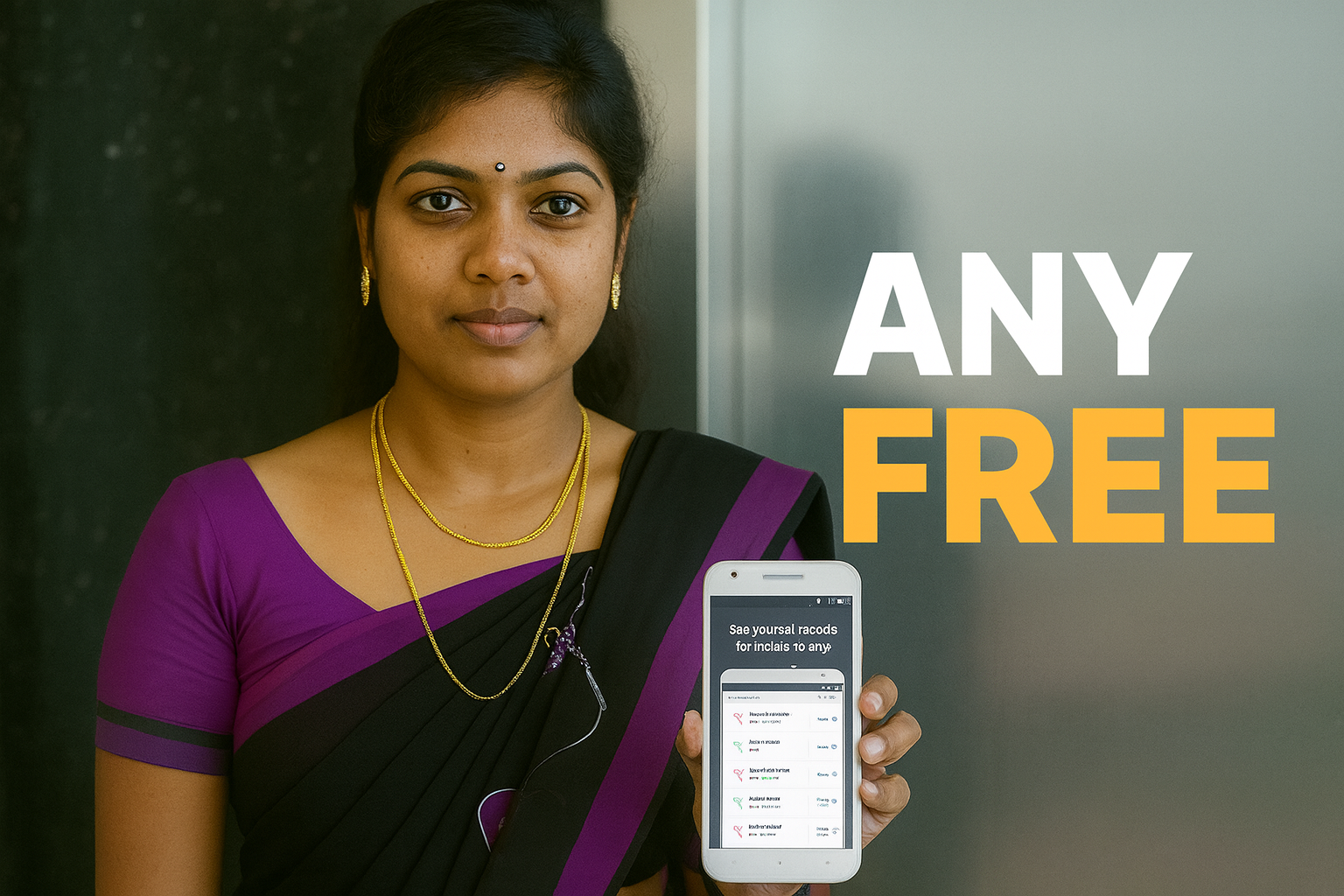 South Asian woman holding a smartphone showing international call records, with bold text “ANY FREE” on the right side.