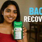 Woman holding a smartphone displaying recovered WhatsApp messages with bold text “BACK RECOVER” on the right side.