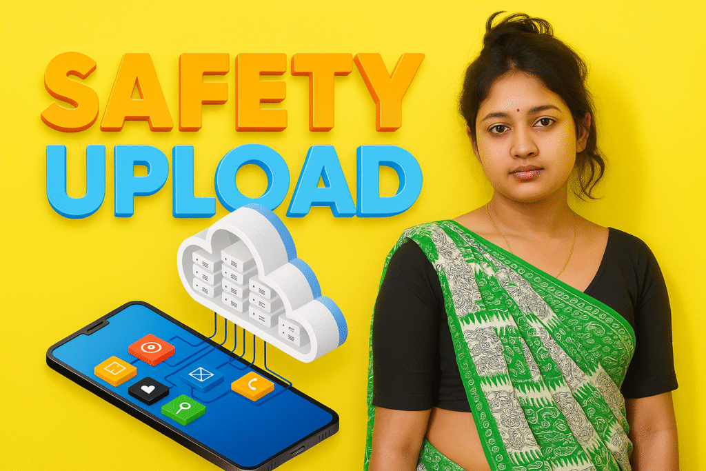 Safety Upload Cloud Storage 2026 – Complete Guide for Everyday Users 5 Young Indian woman holding a smartphone with cloud storage illustration and bold SAFETY UPLOAD text on a yellow background – featured image