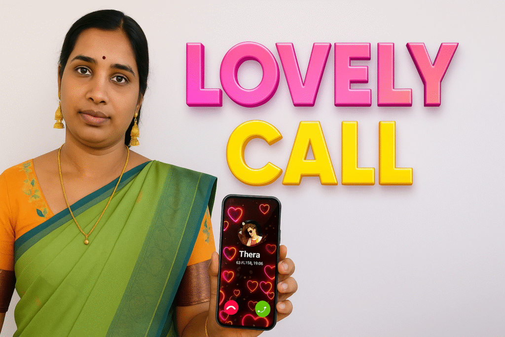 Lovely Call screen theme preview with a woman holding a smartphone showing a glowing heart-animated caller screen
