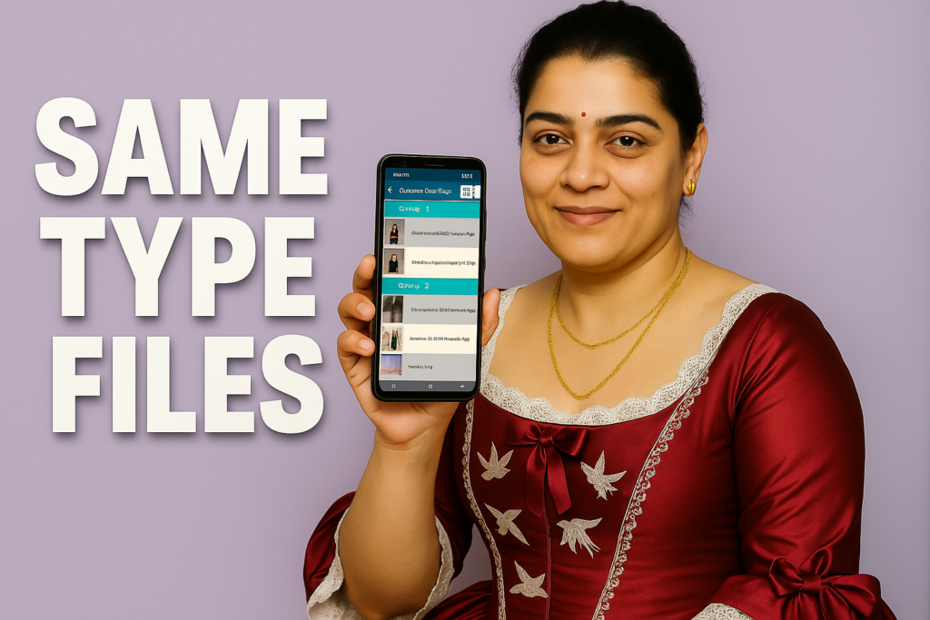 Indian woman holding a smartphone displaying Duplicate Files Finder app interface with bold SAME TYPE FILES text on a soft lavender background