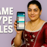Indian woman holding a smartphone displaying Duplicate Files Finder app interface with bold SAME TYPE FILES text on a soft lavender background