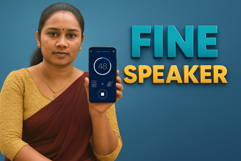 South Asian woman holding a smartphone showing a speaker cleaning screen, with bold 3D text “FINE SPEAKER” on a blue background.