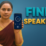 South Asian woman holding a smartphone showing a speaker cleaning screen, with bold 3D text “FINE SPEAKER” on a blue background.
