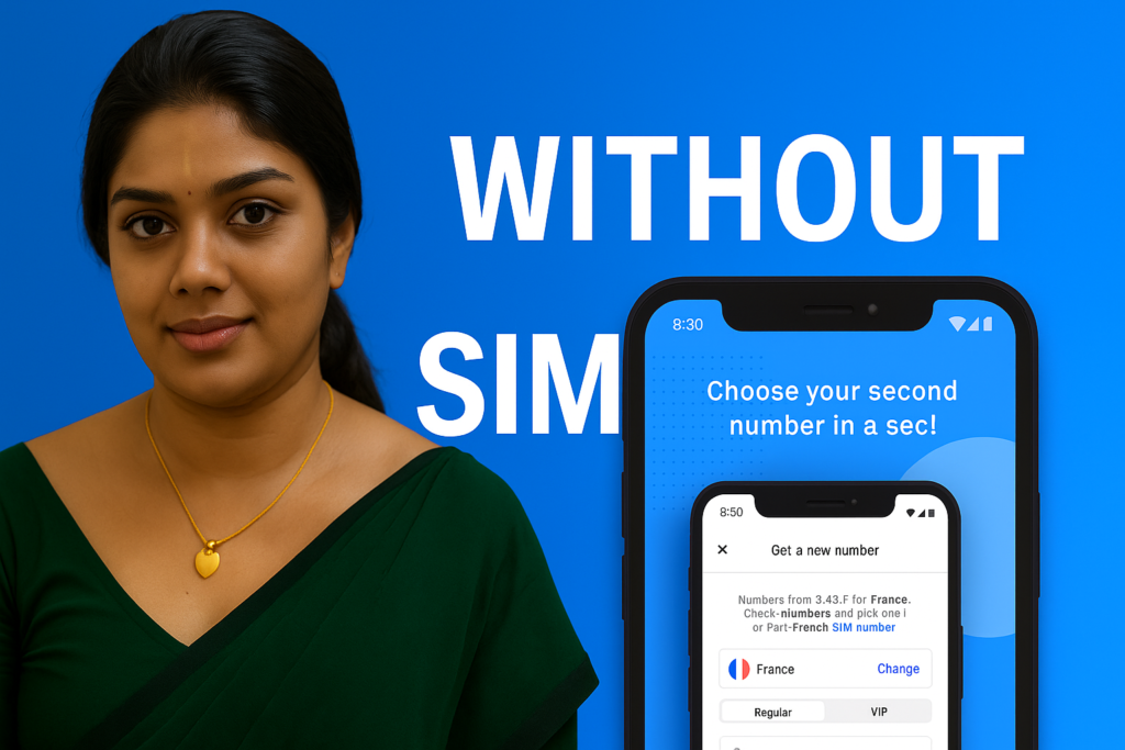 Call without showing number using a mobile app without SIM card, woman holding smartphone with second number interface.