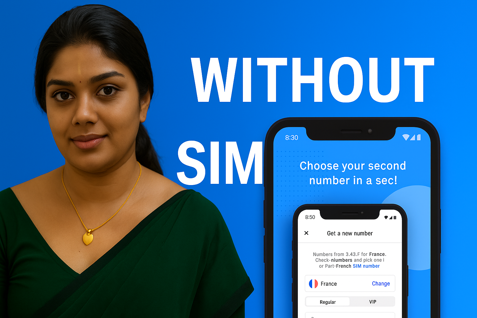 Call without showing number using a mobile app without SIM card, woman holding smartphone with second number interface.