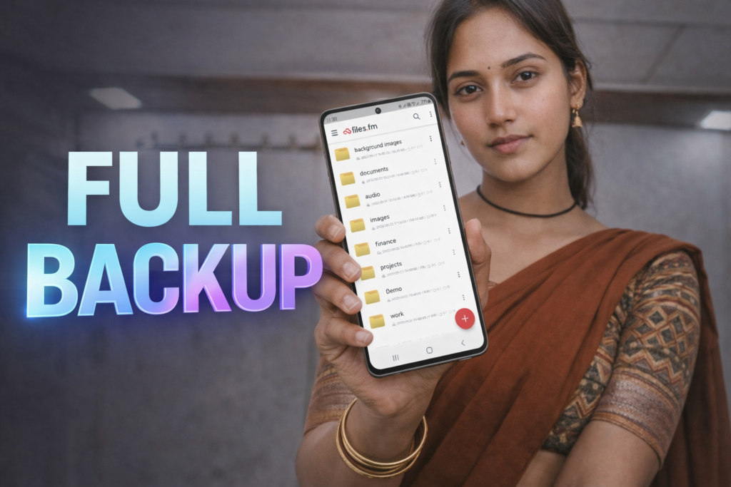 Free Files Cloud Storage full backup shown on mobile phone with secure cloud storage app interface