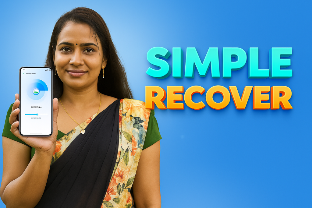South Asian woman holding a smartphone showing a photo recovery scan, with bold “Simple Recover” text on a blue background