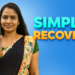 South Asian woman holding a smartphone showing a photo recovery scan, with bold “Simple Recover” text on a blue background