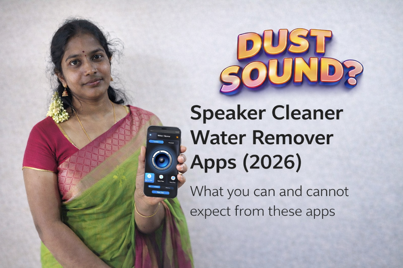 Woman holding smartphone with speaker cleaner water remover app interface, showing dust sound cleaning concept for phone speakers in 2026