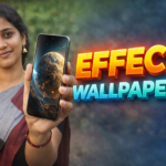 South Indian woman holding a smartphone displaying a 3D parallax live wallpaper effect on Android