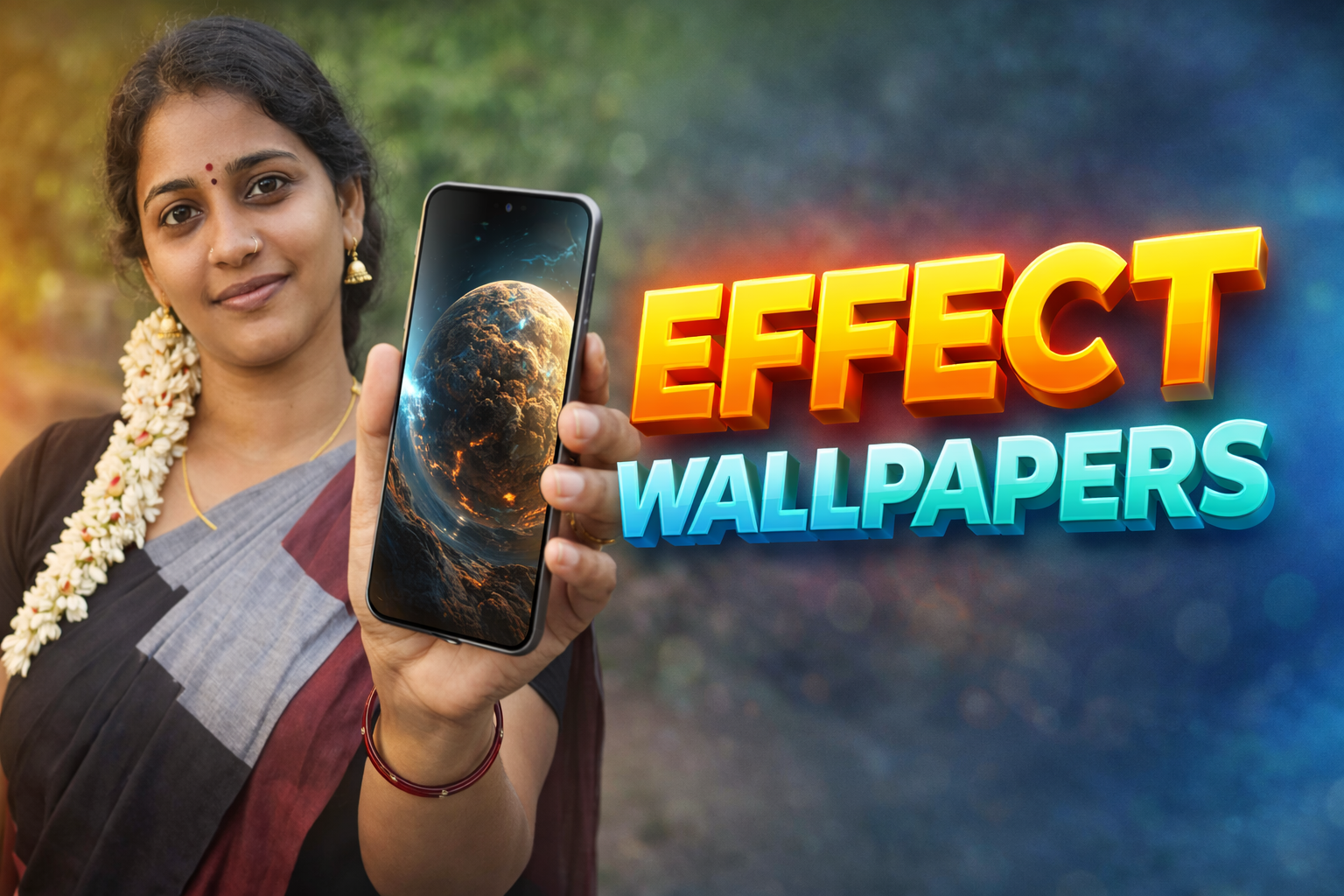 South Indian woman holding a smartphone displaying a 3D parallax live wallpaper effect on Android