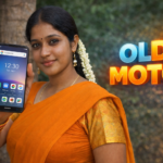 Woman holding an Android phone showing a Motorola-style launcher with a classic old Moto home screen interface