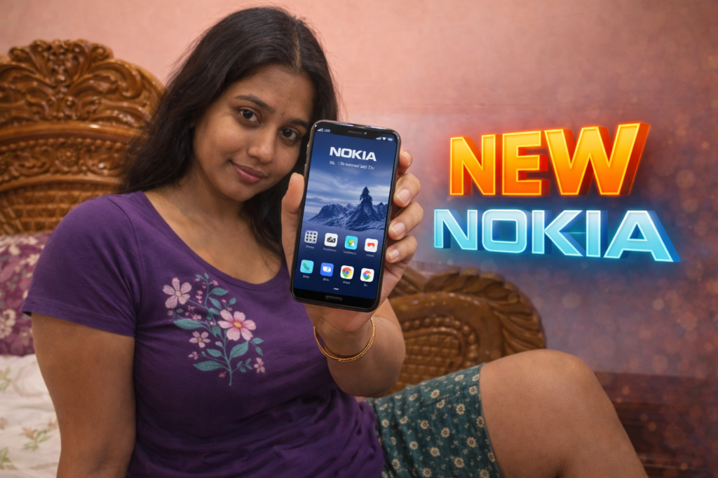 Woman holding an Android phone with a Nokia-style theme showing a clean home screen layout