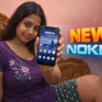 Woman holding an Android phone with a Nokia-style theme showing a clean home screen layout