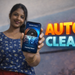 Woman holding an Android phone showing a speaker cleaner app removing water from the phone speaker