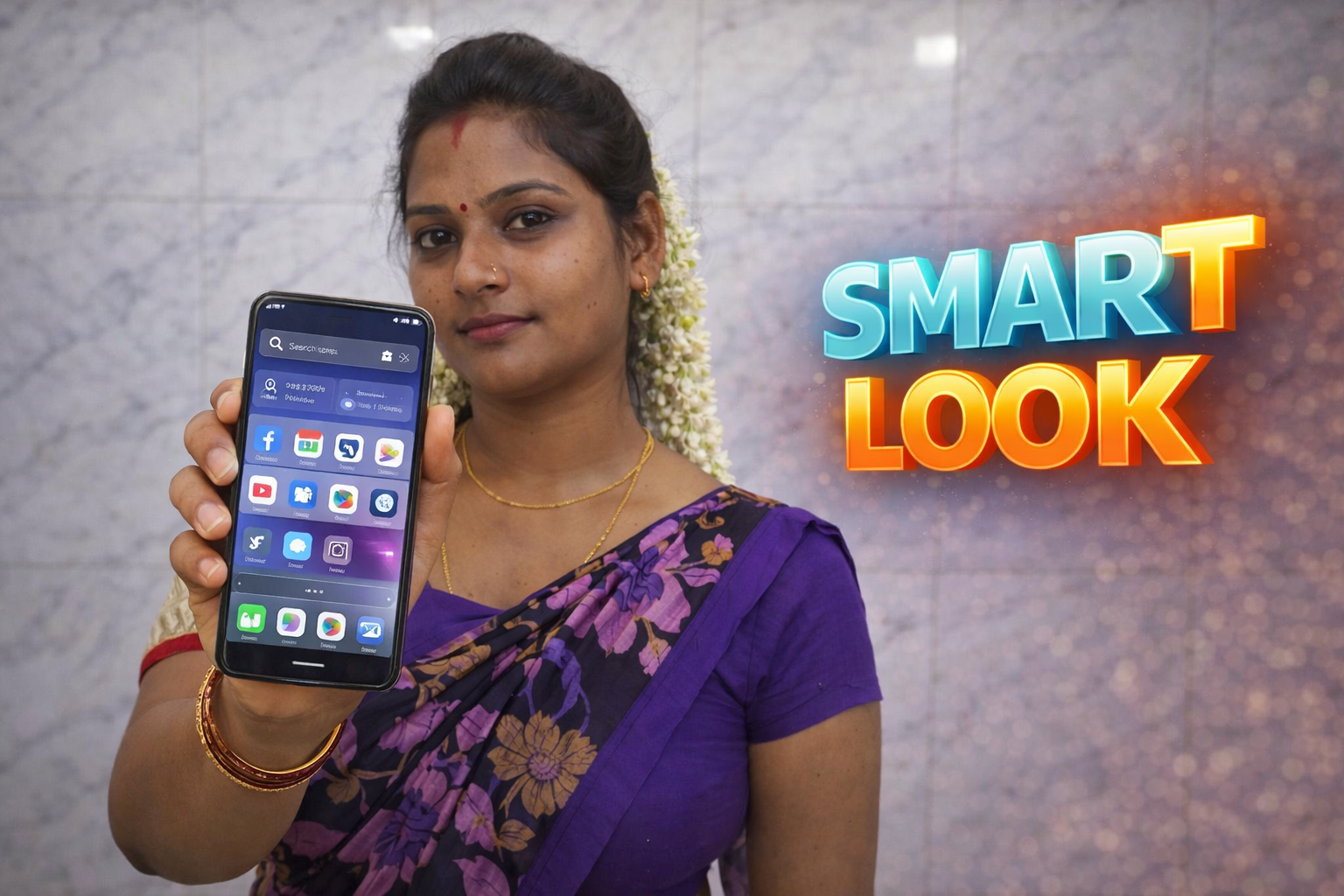 Woman holding an Android phone showing a smart launcher interface with a clean and modern home screen layout