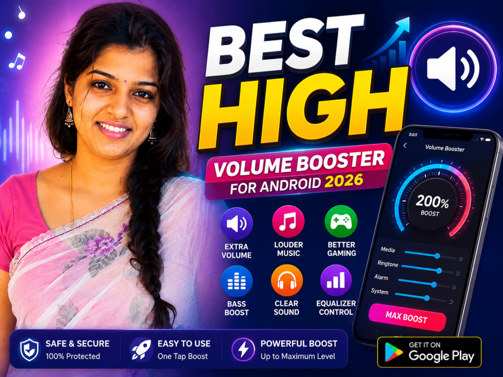 Smiling woman holding a smartphone with BEST HIGH Volume Booster for Android 2026 feature image showing louder sound, music boost, and audio enhancement concept.