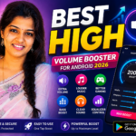 Smiling woman holding a smartphone with BEST HIGH Volume Booster for Android 2026 feature image showing louder sound, music boost, and audio enhancement concept.