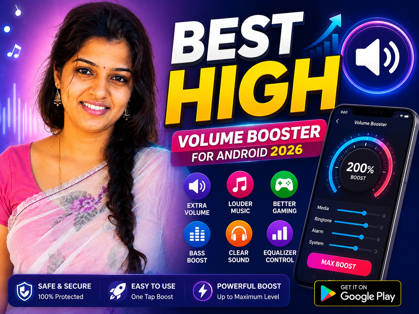 Smiling woman holding a smartphone with BEST HIGH Volume Booster for Android 2026 feature image showing louder sound, music boost, and audio enhancement concept.