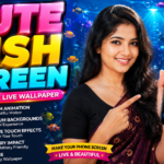Smiling woman holding a smartphone showing colorful aquarium fish wallpaper with CUTE FISH SCREEN text for 3D Fish Tank Live Wallpaper Android 2026.