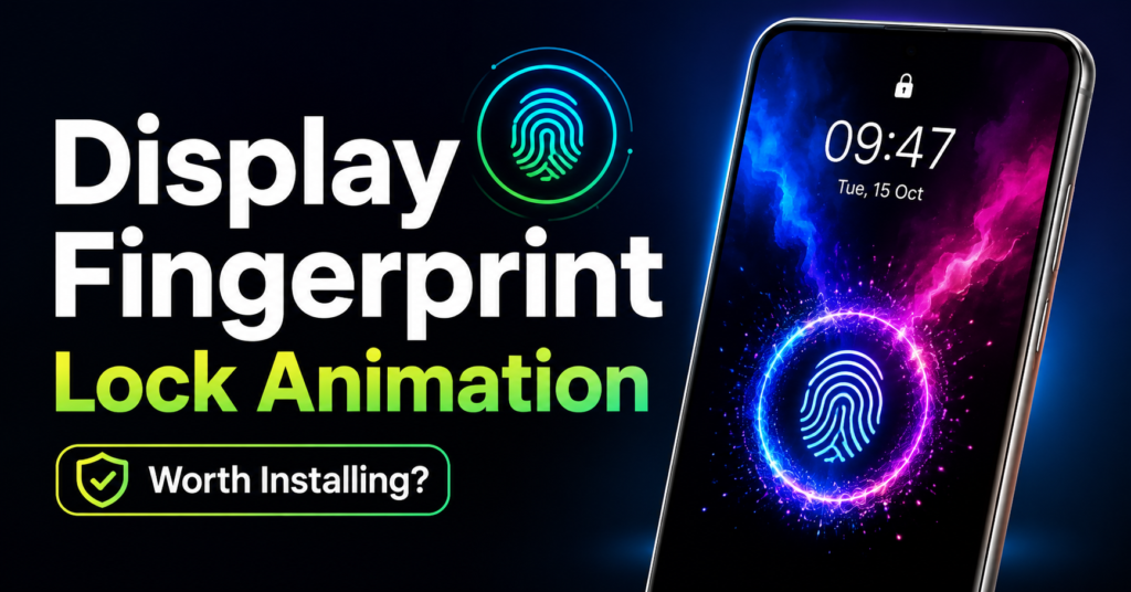 Display Fingerprint Lock Animation: Is It Worth Installing? 1 Display Fingerprint Lock Animation app featured image showing a smartphone with a glowing fingerprint unlock effect, neon lock screen animation, and the title "Display Fingerprint Lock Animation – Worth Installing?" on a dark background.